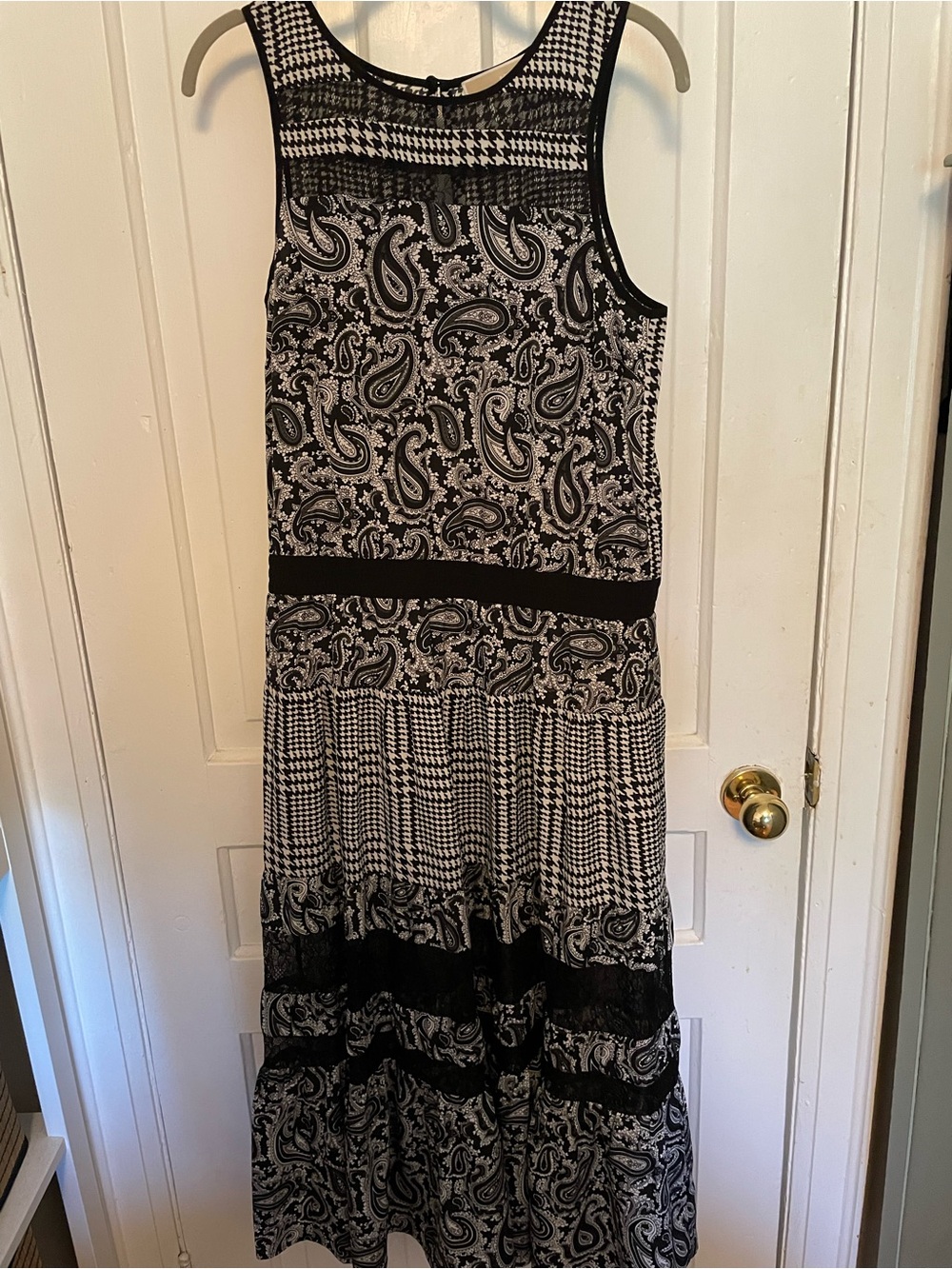 Michael Kors Black and White Mixed Print Lace Accent Dress Size L
